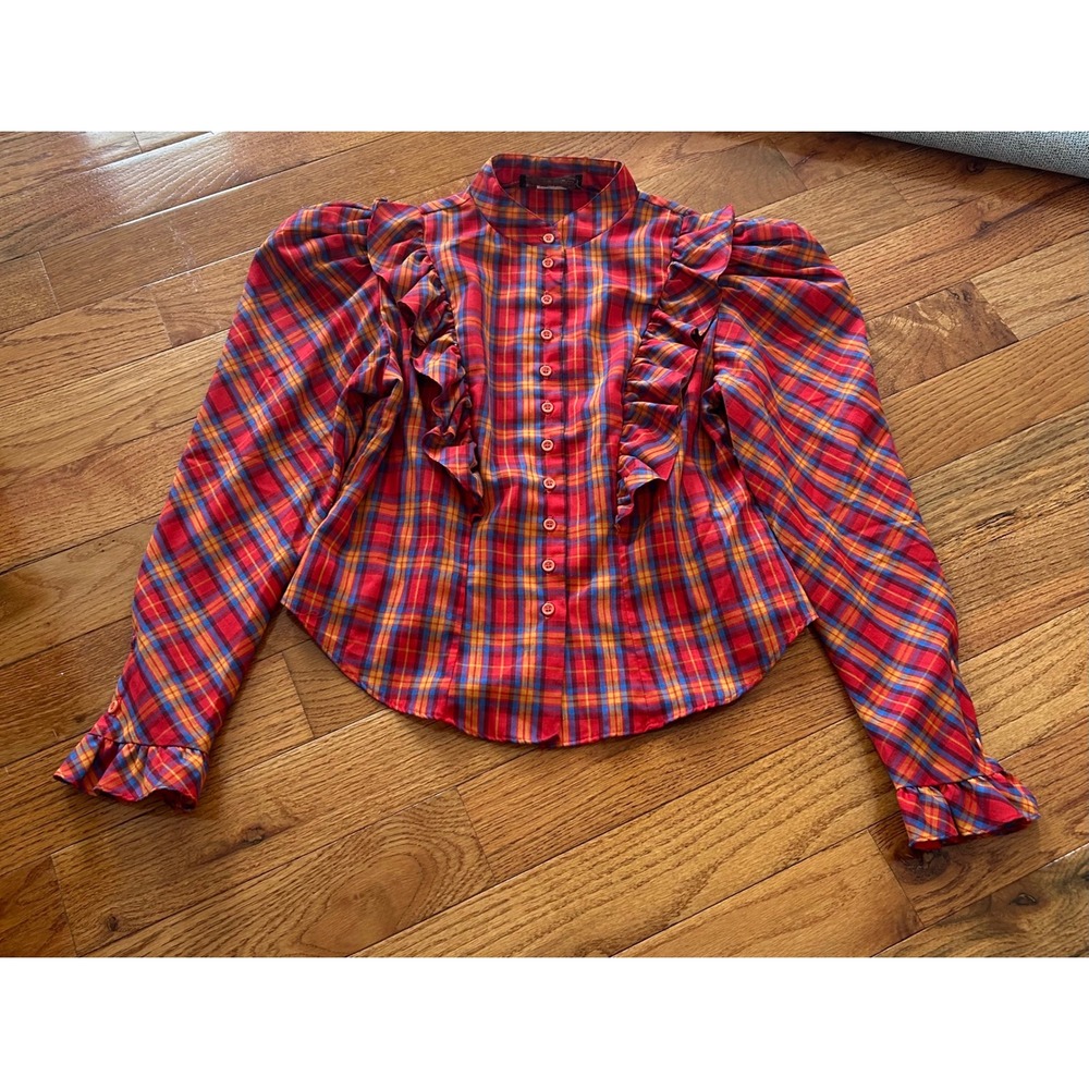 Cains & Kanter Custom Plaid Ruffle Blouse Red Blue Yellow Victorian Puff Sleeve